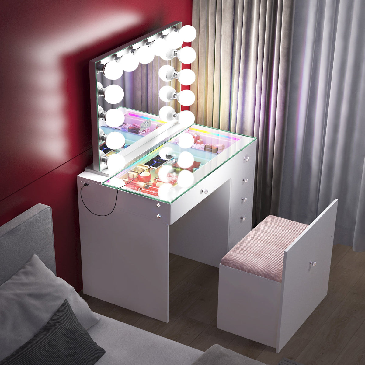 VANITII Mini Diana Vanity Desk and Marilyn Mirror with Soft Hidden Stool