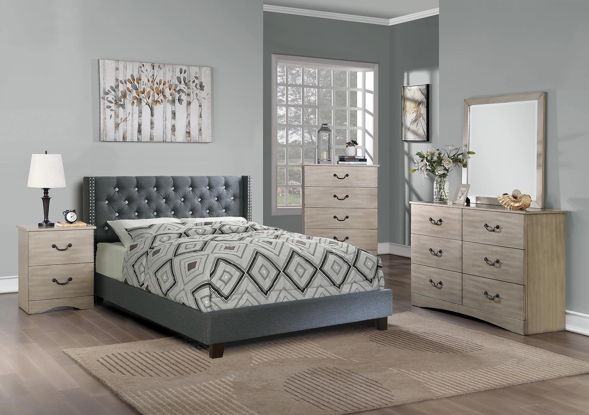 Chyuan Queen Bed/Nailhead Trim/Fabric-Blue Grey in Blue Grey / Espresso