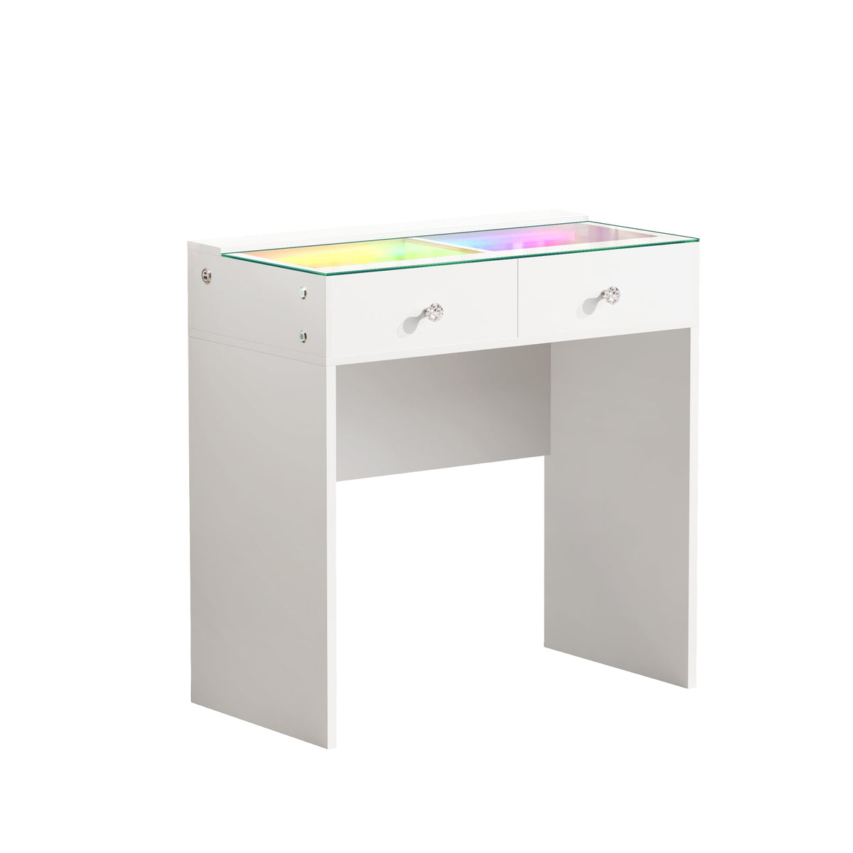 The VANITII Scarlet Vanity Desk features 2 crystal-knob drawers,USB&Type-C Ports and RGB strip light. It adopts a simple white design, perfectly combining beauty and functionality.