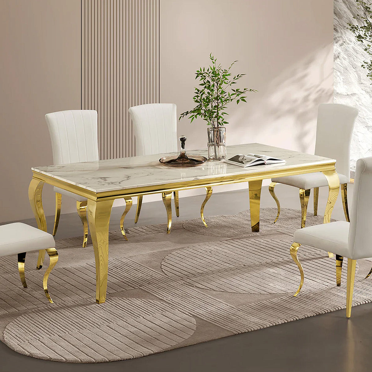 Gold Stainless Steel Marble Dining Table, Luxury Curved Leg Dining Room Table, 6 Seater Kitchen Dinner Table