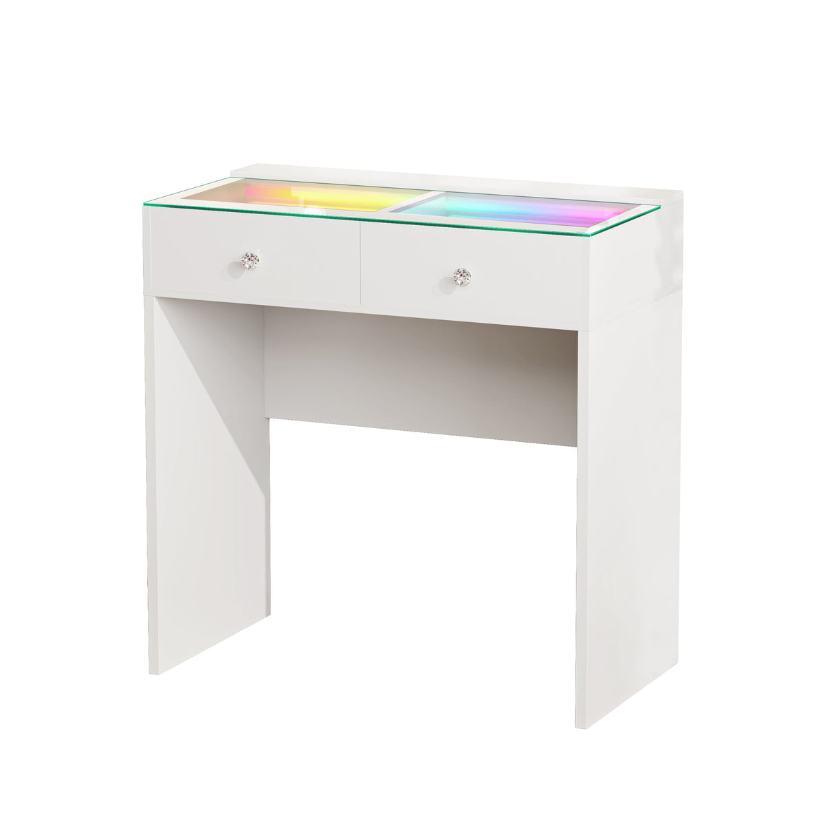 The VANITII Scarlet Vanity Desk features 2 crystal-knob drawers,USB&Type-C Ports and RGB strip light. It adopts a simple white design, perfectly combining beauty and functionality.