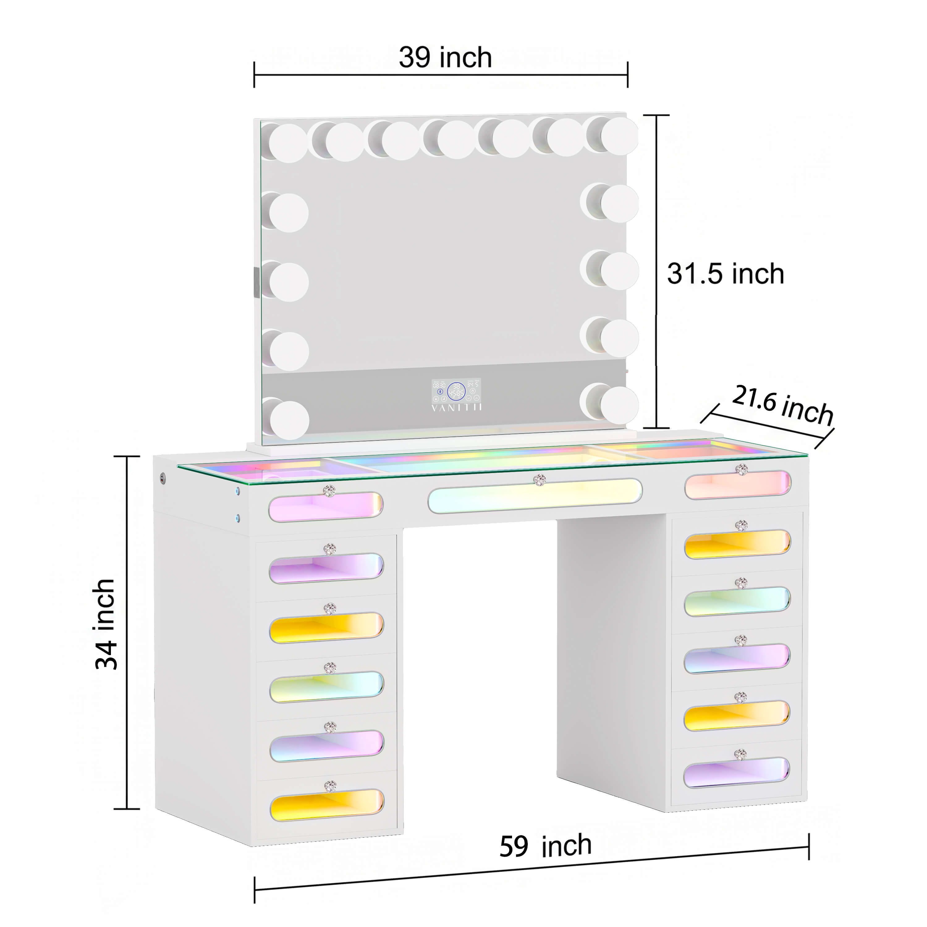 VANITII Priscilla Makeup Vanity Desk Set With 13 Drawers & 15 LED Bulbs Mirror