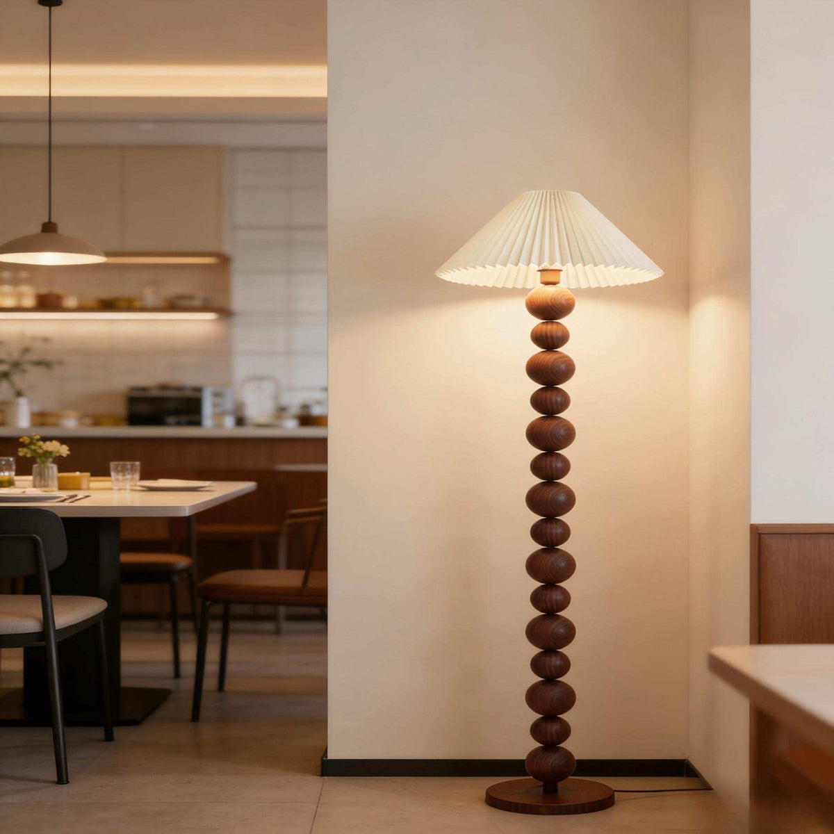 Walnut Floor Lamp with Ball Beads & Pleated Shade - Warm Light for Rustic Décor