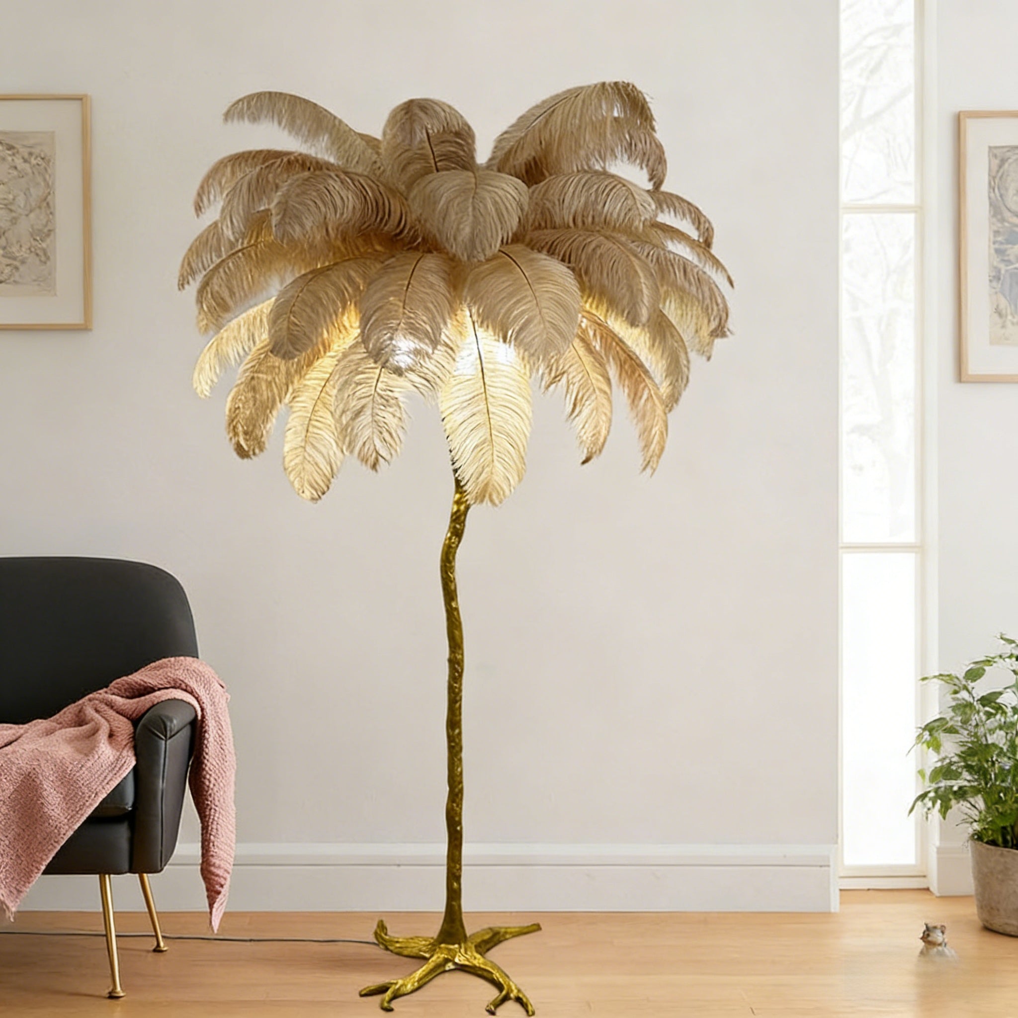 Ostrich Feather Floor Lamp | Golden 4-Light Branch camel color