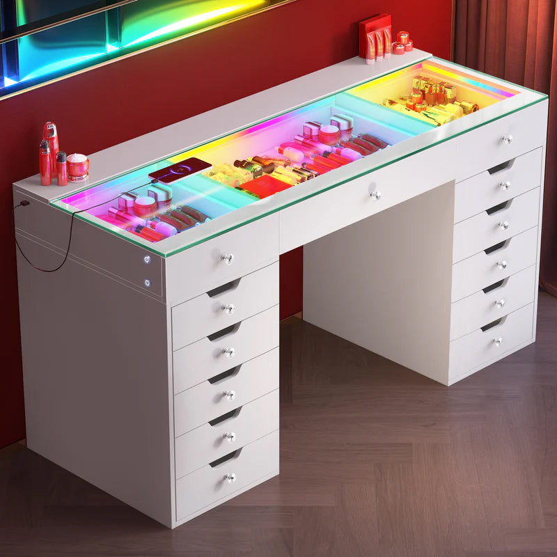 VANITII Eva-RGB Vanity Desk Set with 13 Storage Drawers（VNT-EVA(IVY-TOP)-RGB-WHT）