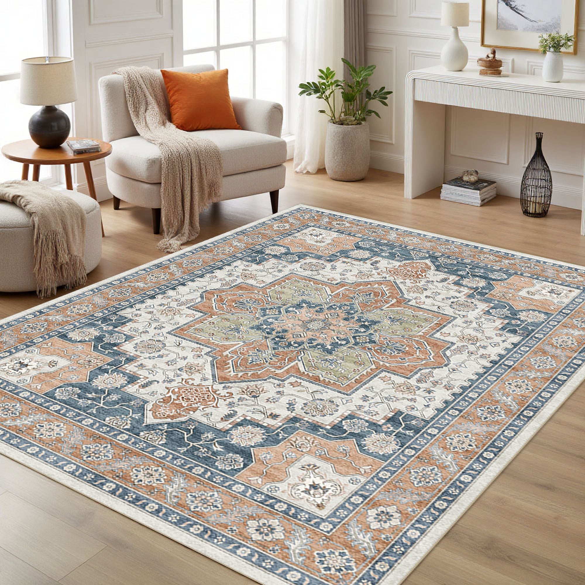 The rug is placed in the living room, adding a warm atmosphere to it.