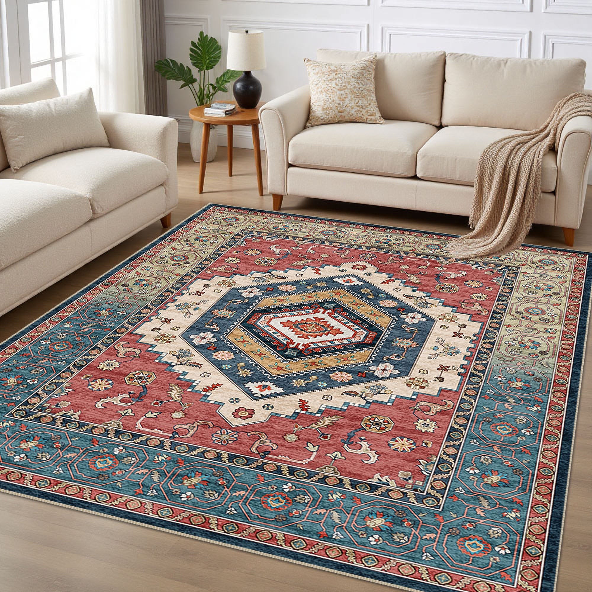 The rug is placed in the living room, adding a warm atmosphere to it.