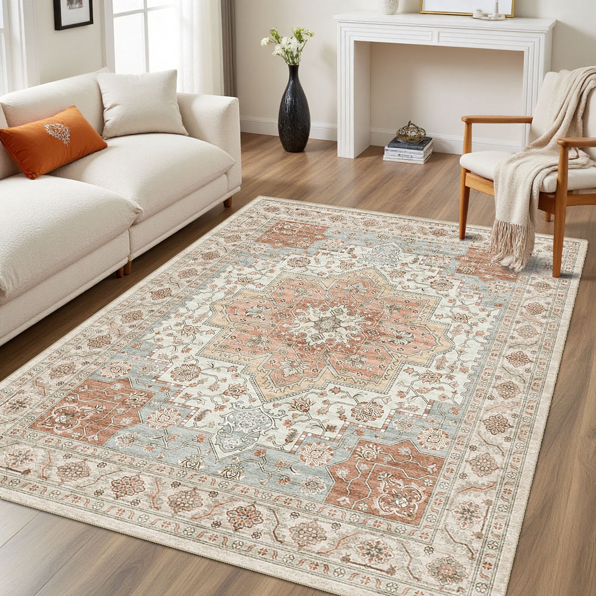 The rug is placed in the living room, adding a warm atmosphere to it.