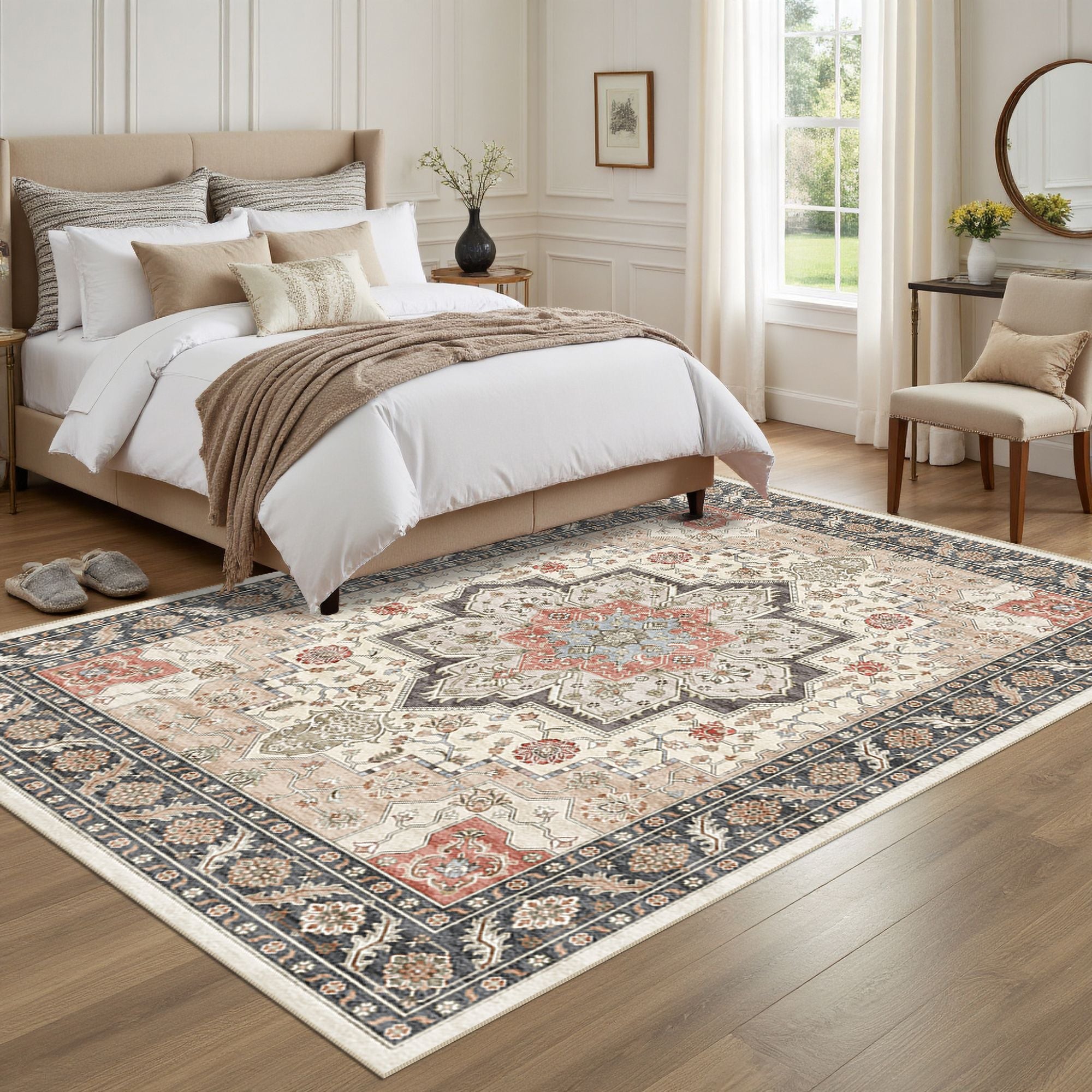 The rug is placed in the bedroom, adding a warm atmosphere to it.