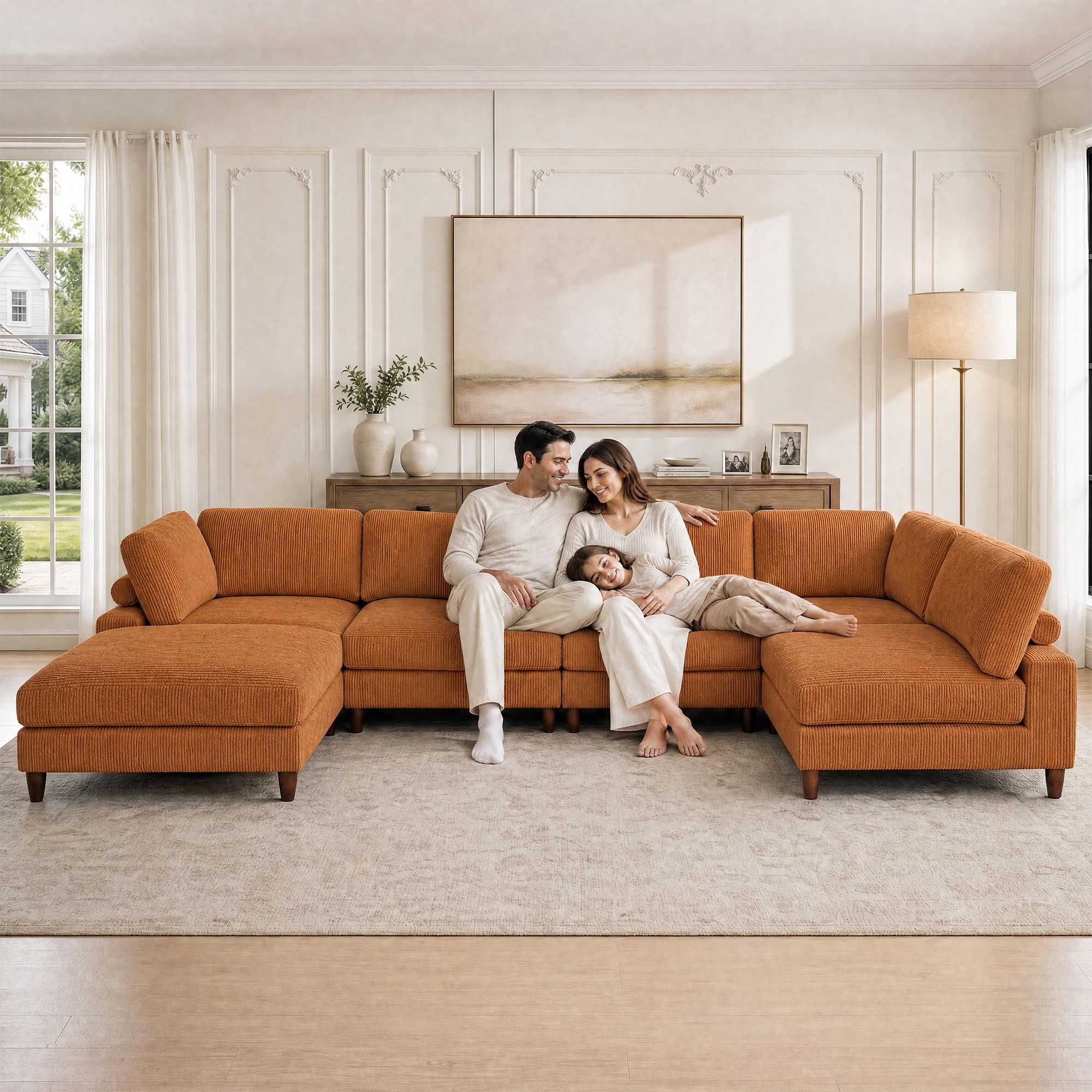 Solid Wood Frame Corduroy Modular Sofa Yellow