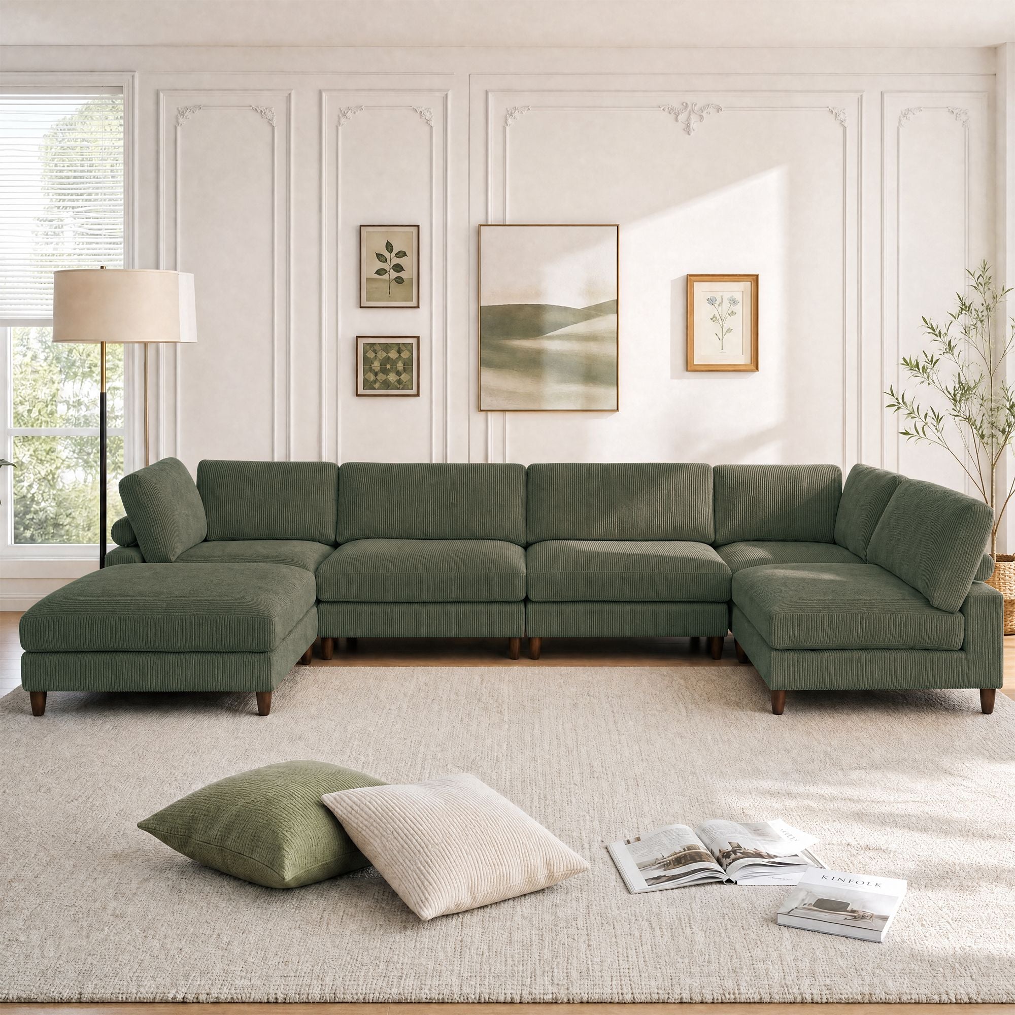 Solid Wood Frame Corduroy Modular Sofa Green