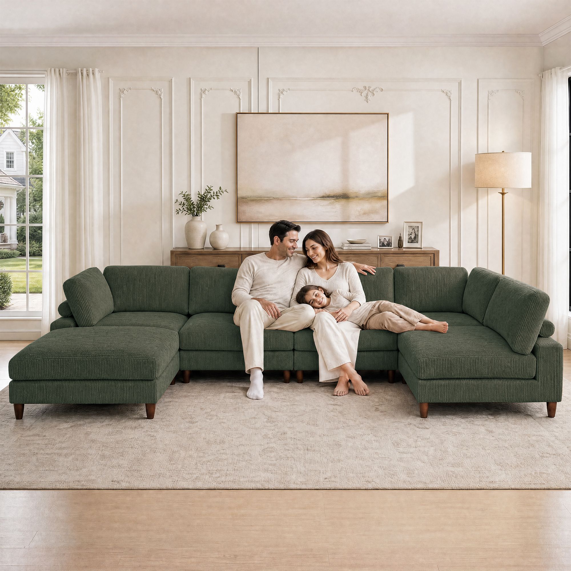 Solid Wood Frame Corduroy Modular Sofa Green