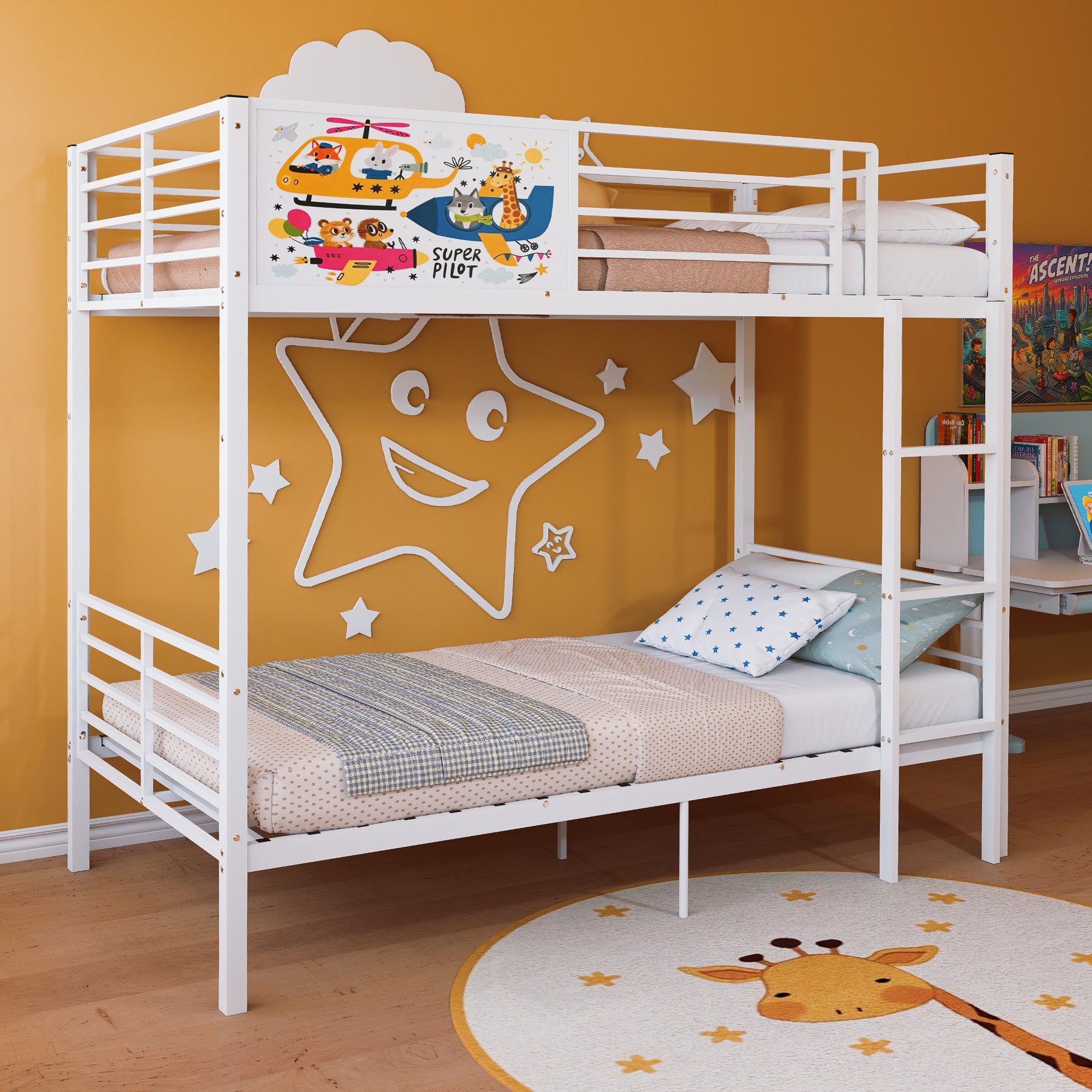 Metal Bunk Bed Frame Twin Over Twin with Ladder and High Guardrail