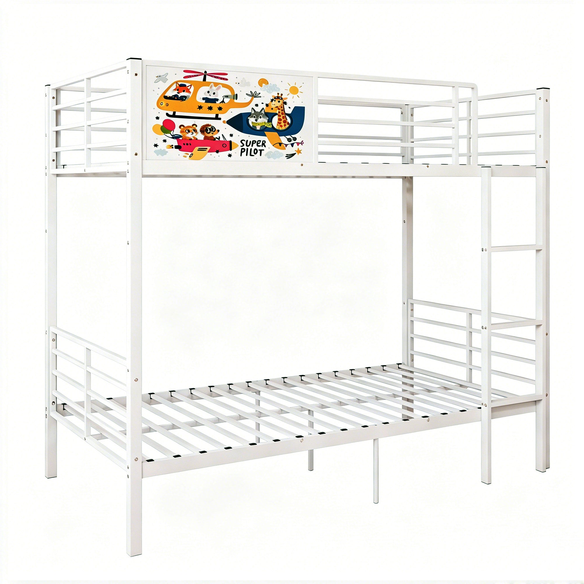 Metal Bunk Bed Frame Twin Over Twin with Ladder and High Guardrail