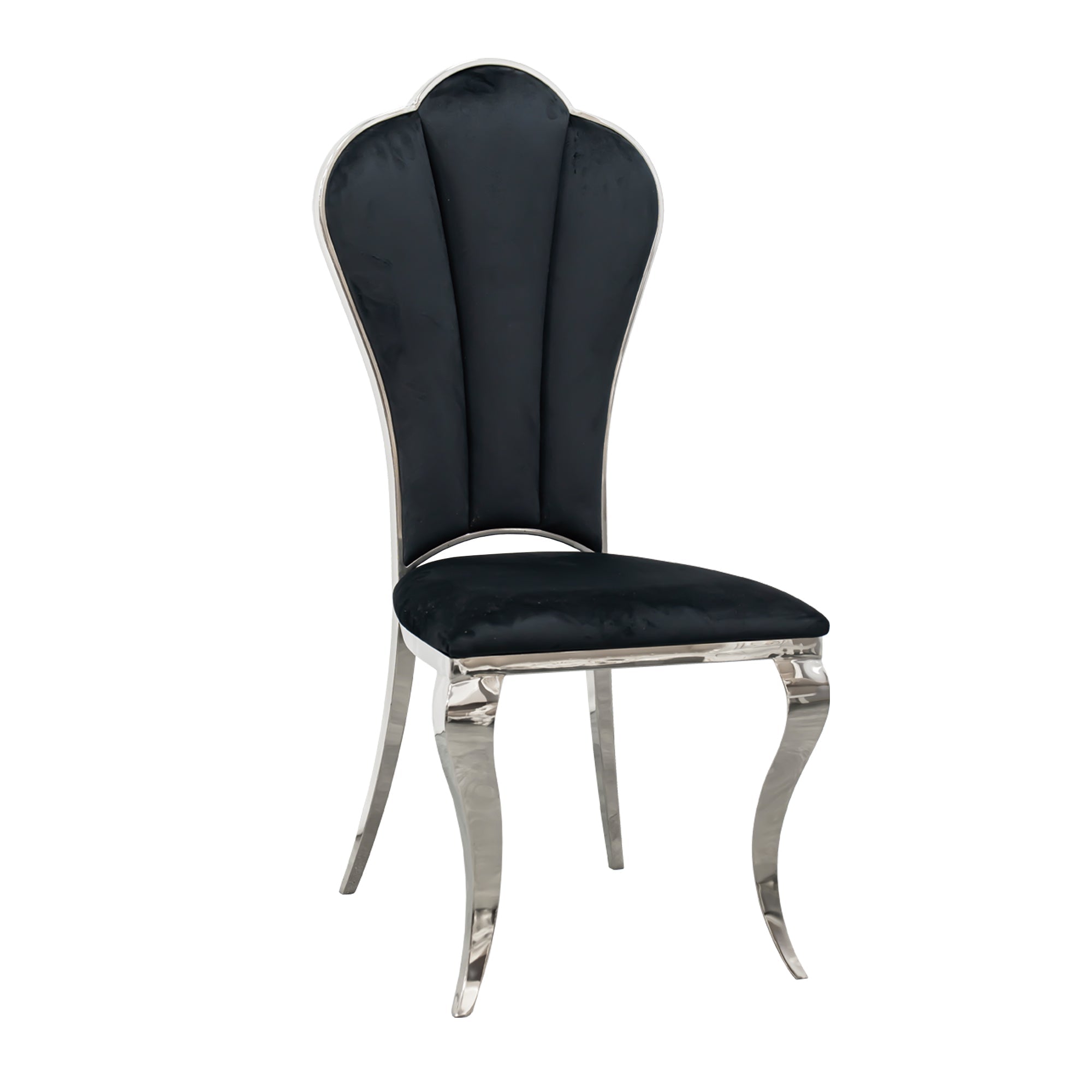 Black and Silver Dining Chairs, Upholstered High Back Dining Chairs with Mirrored Stainless Steel Backrest and Legs.