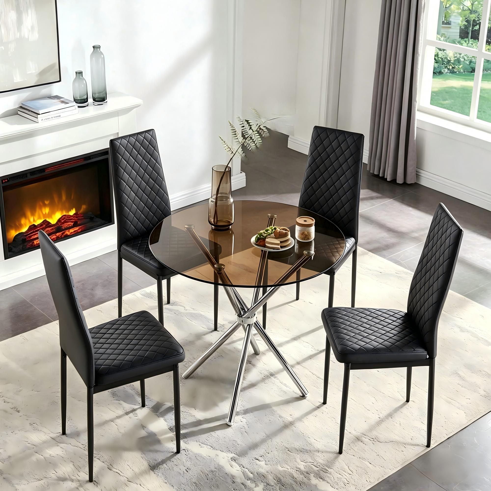 Glass Dining Table Round Kitchen Table with 4 Silver Chrome Legs-DT007