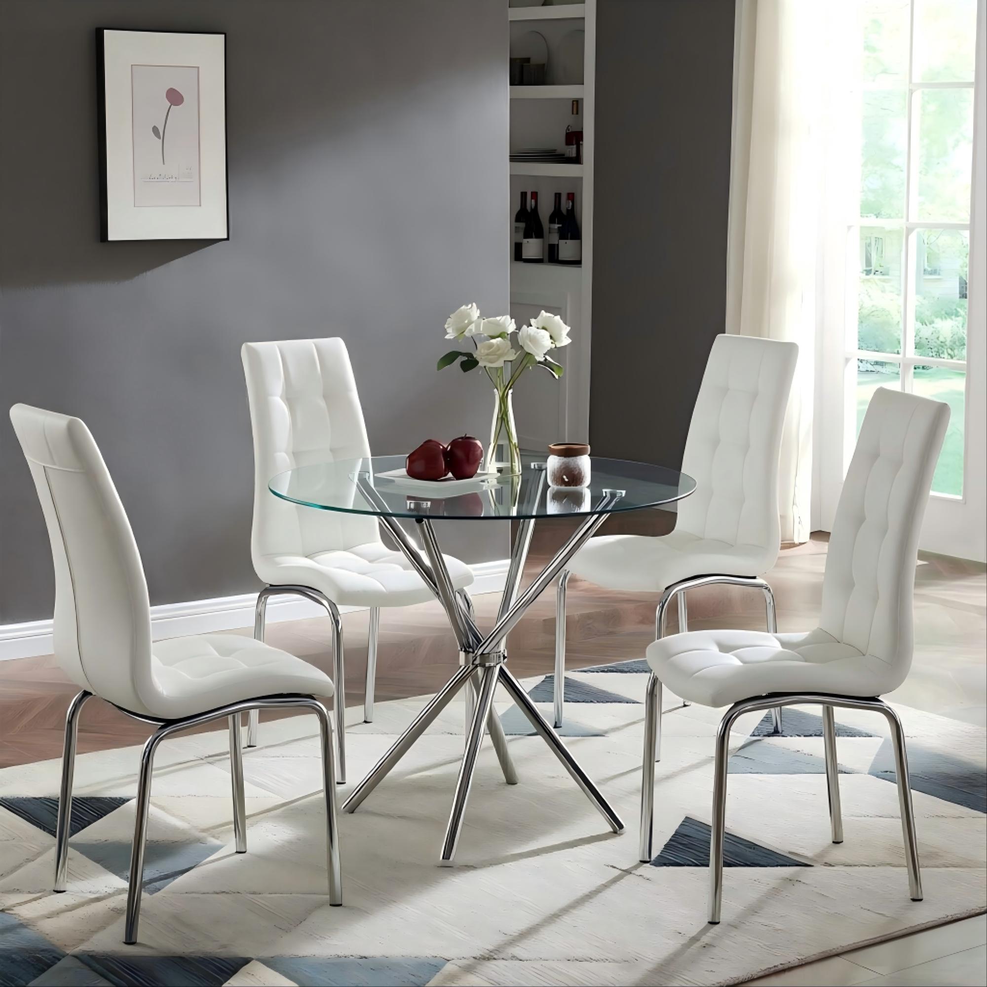 Glass Dining Table Round Kitchen Table with 4 Silver Chrome Legs-DT007