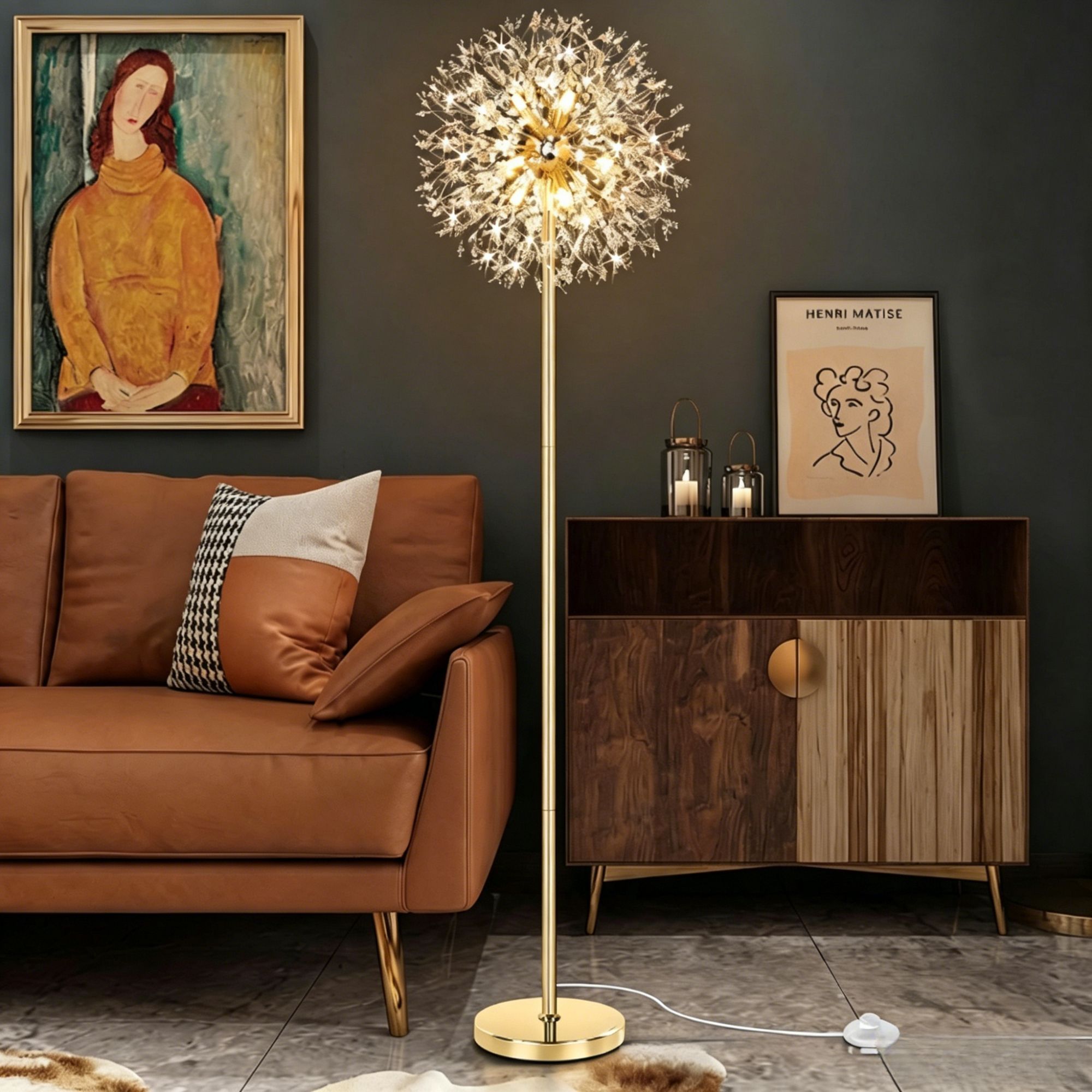 Nordic Luxury Crystal Dandelion Floor Lamp, Creative Firework Art Corner Lamp, Ambient Light for Living Room Bedroom Bedside