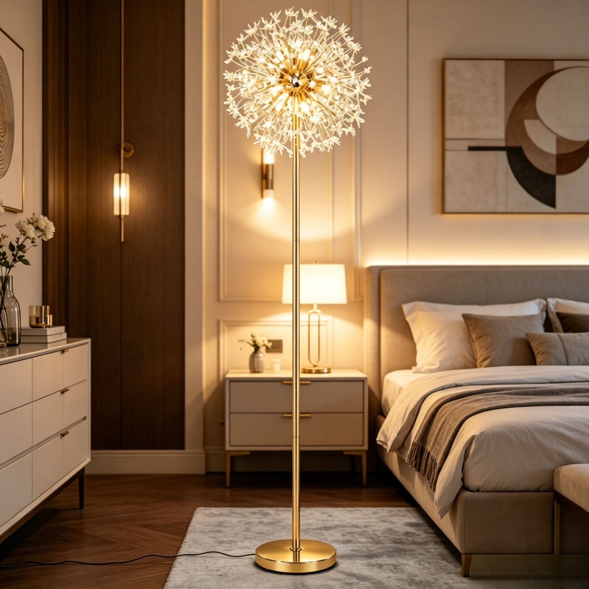 Nordic Luxury Crystal Dandelion Floor Lamp, Creative Firework Art Corner Lamp, Ambient Light for Living Room Bedroom Bedside