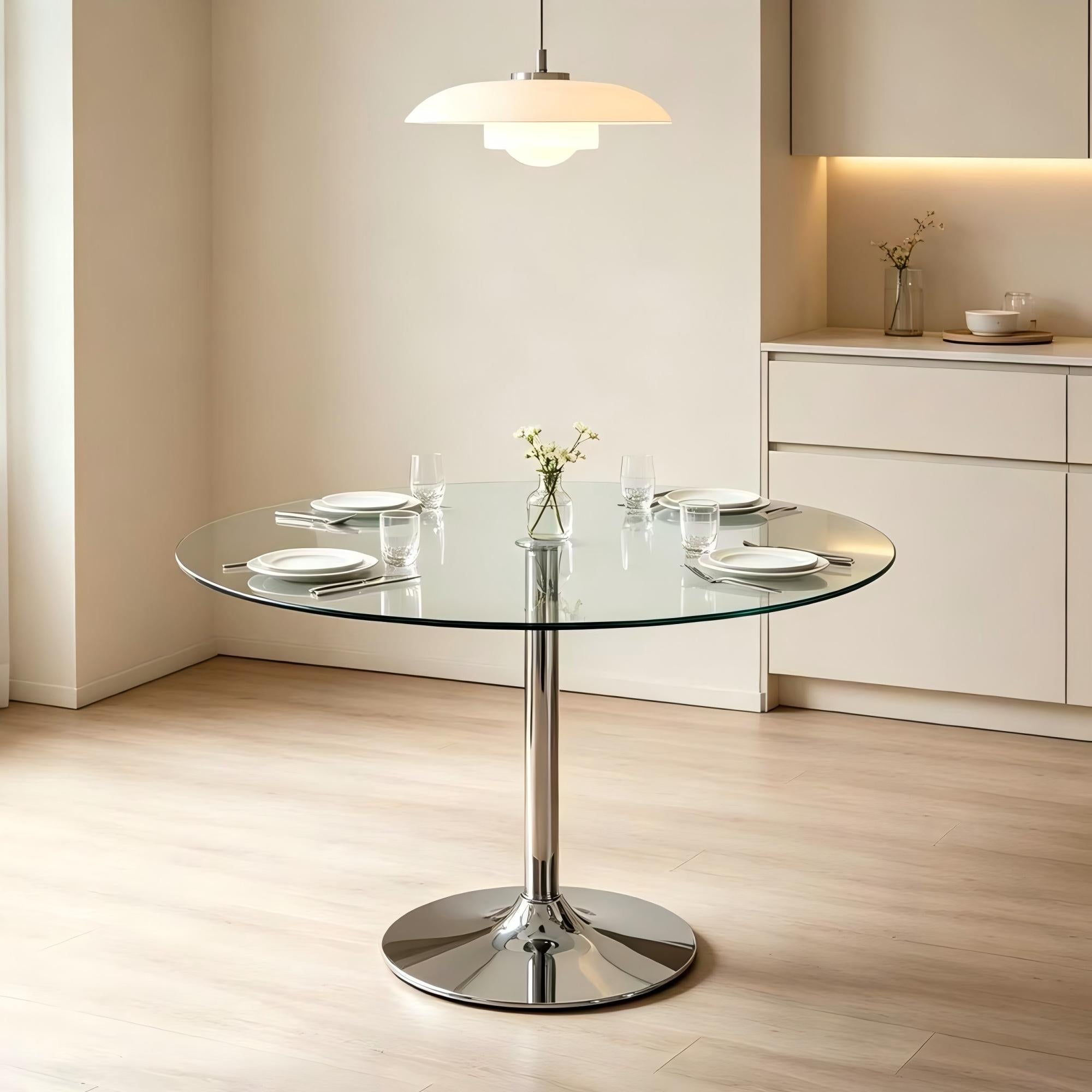 Clear Glass Round Dining Table with Chrome Metal Base-DT008
