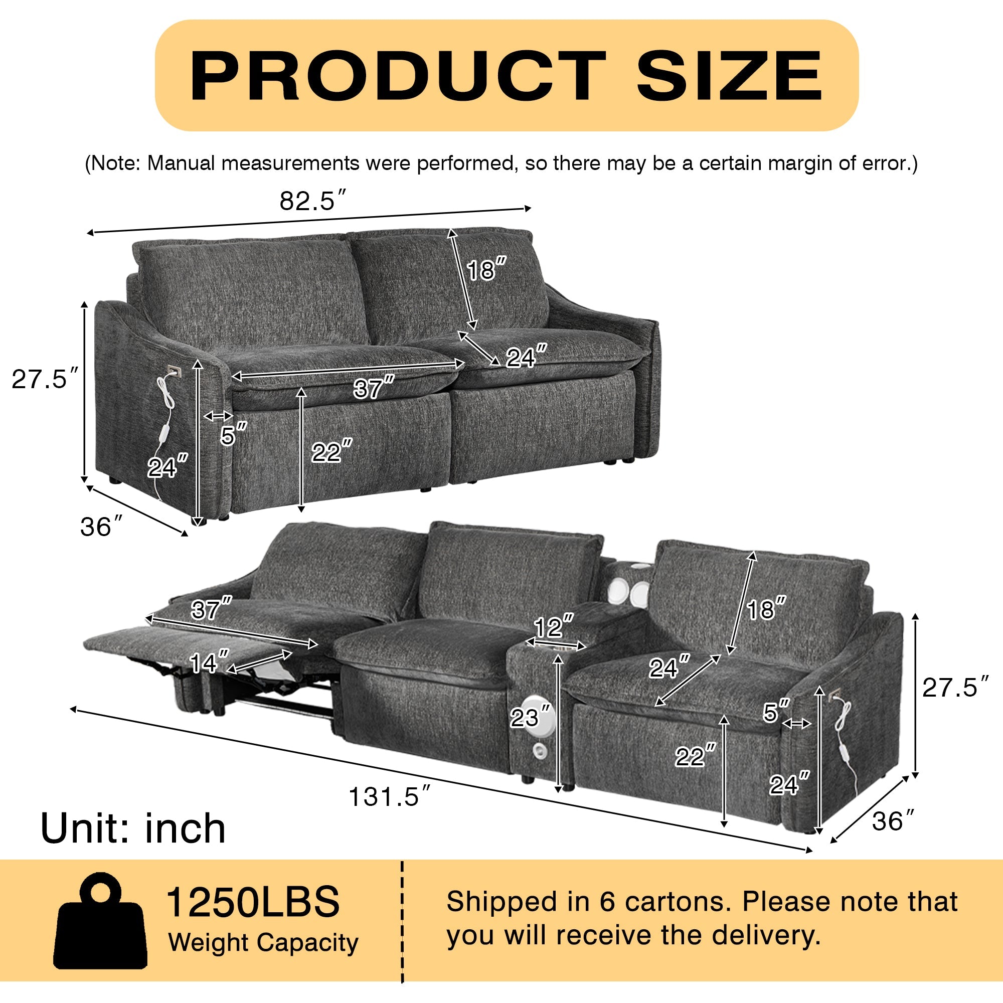 Grey Electric Recliner Sofa Set--MS908-3SET