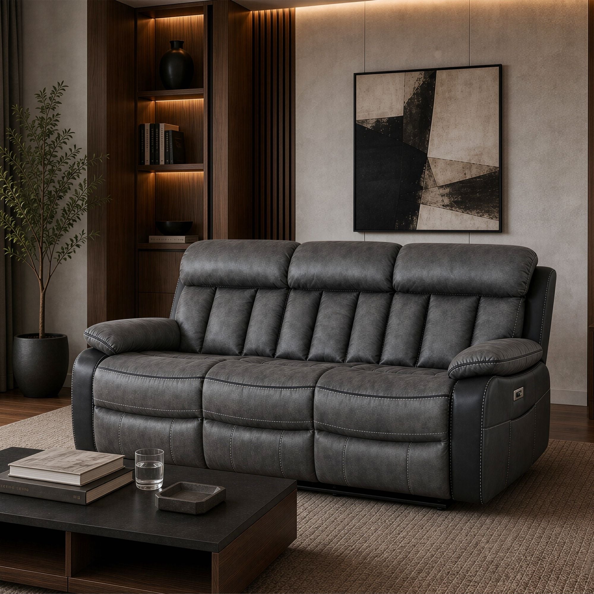 Kael Power Recliner & 3-Seater Sofa Set, Breathable Leather with Side Armrest Storage, Rustic Home Theater Seating 007