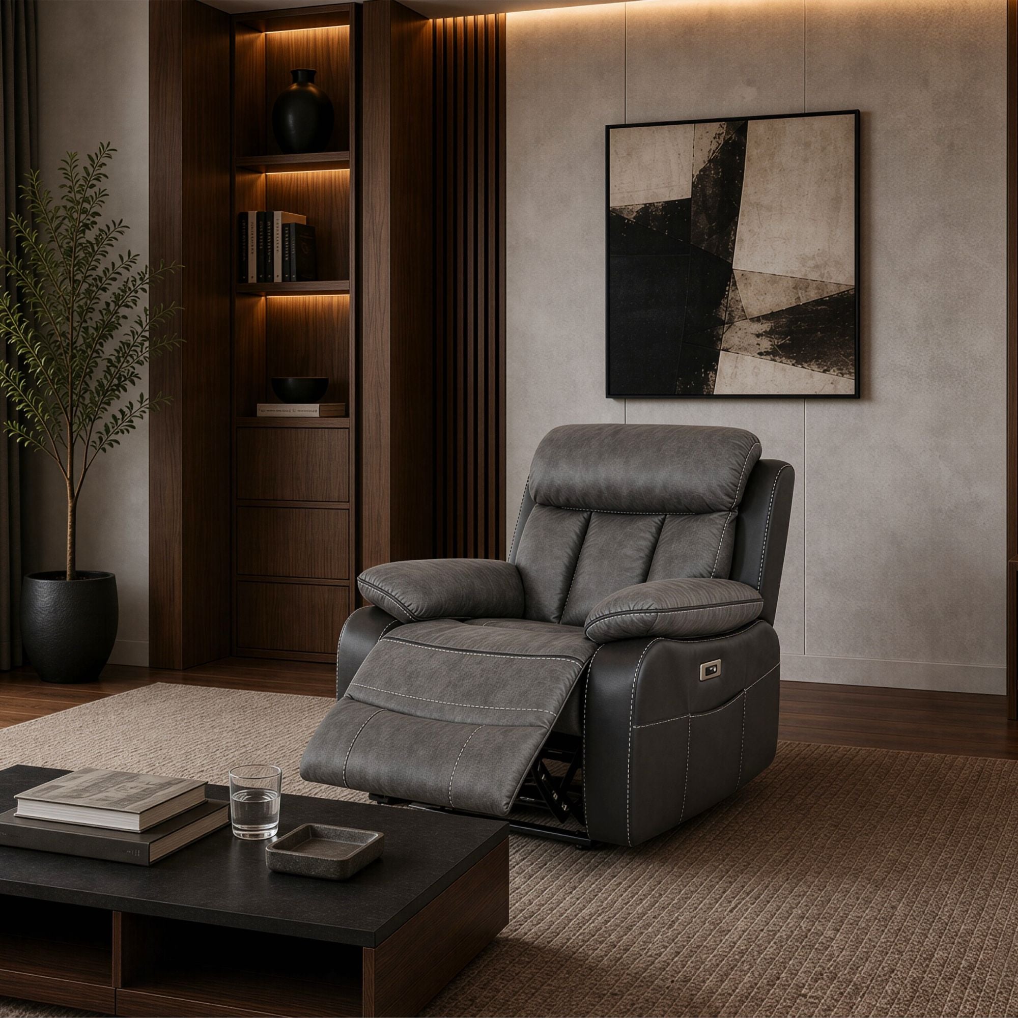 Kael Power Recliner & 1-Seater Sofa Set, Breathable Leather with Side Armrest Storage, Rustic Home Theater Seating 007
