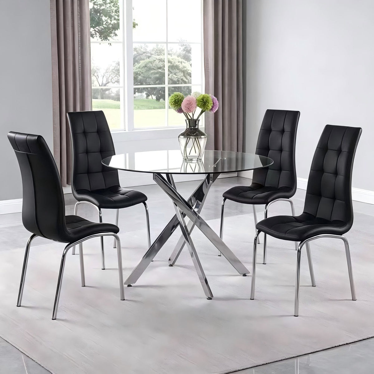 DT012-Round Tempered Glass Dining Table with Chrome Metal X‑Shape Base