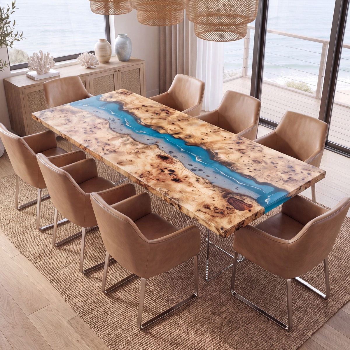 Poplar Blue Epoxy River Rectangular Dining Table（Tabletop only, legs not included）