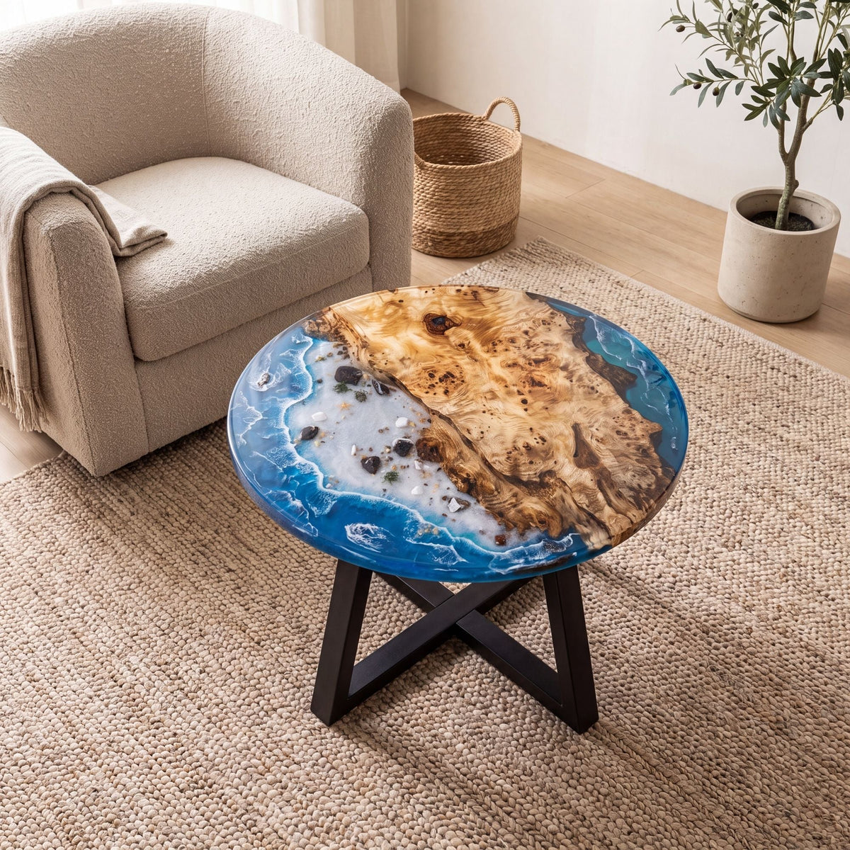 Poplar Blue Epoxy Round Coffee Table-PLSY04（Tabletop with legs）
