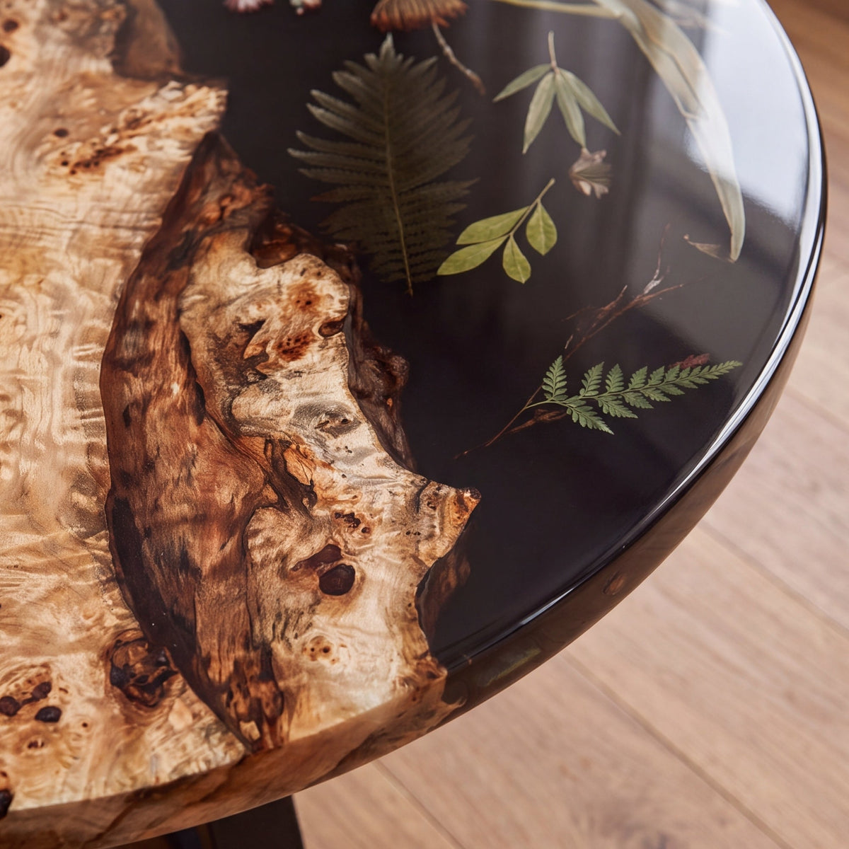 Poplar Black Epoxy with Floral Round Coffee Table-PLFY03（Tabletop with legs）