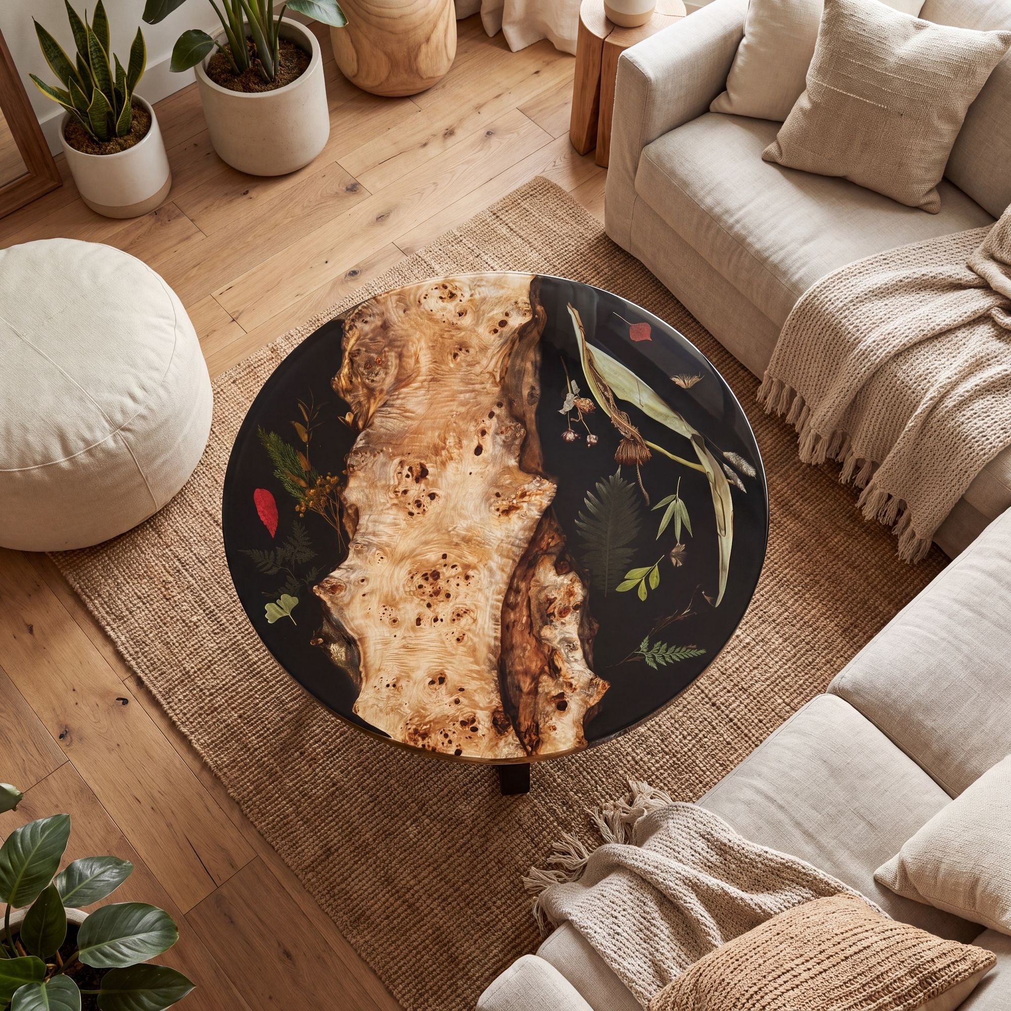 Poplar Black Epoxy with Floral Round Coffee Table-PLFY03（Tabletop only, legs not included）
