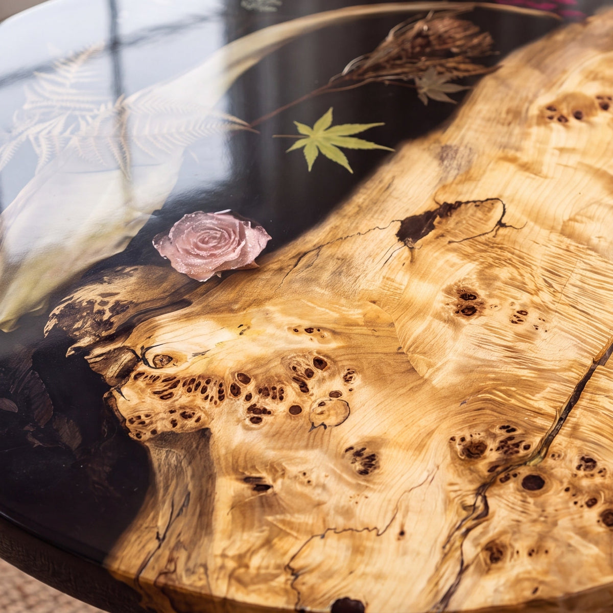 Poplar Black Epoxy with Floral Round Coffee Table-PLFY01（Tabletop only, legs not included）