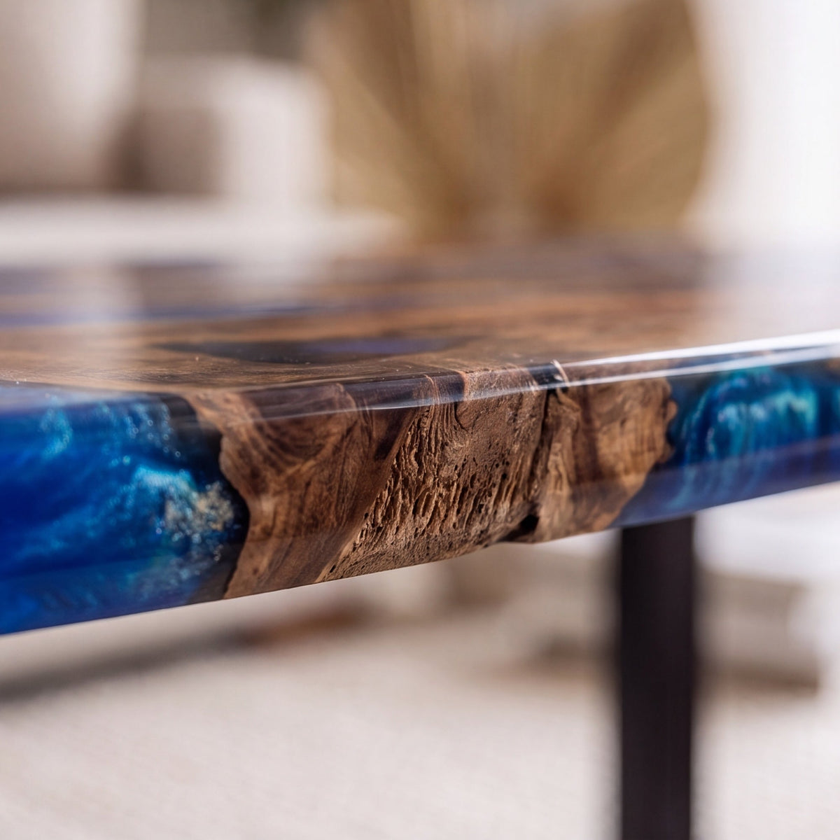 Black Walnut Blue Epoxy Oval Coffee Table（Tabletop only, legs not included）