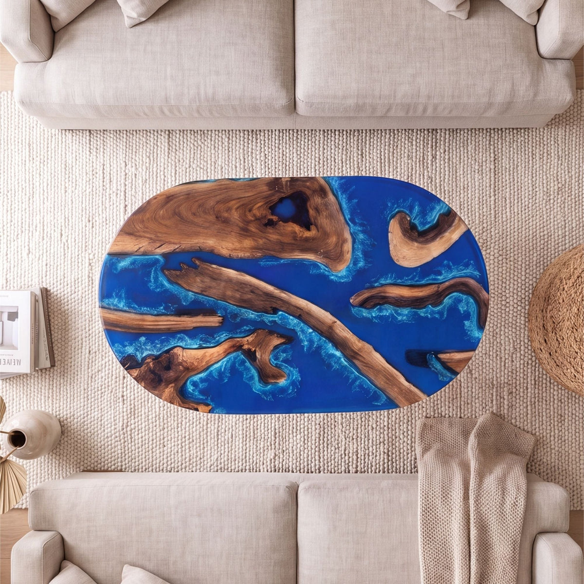 Black Walnut Blue Epoxy Oval Coffee Table（Tabletop only, legs not included）