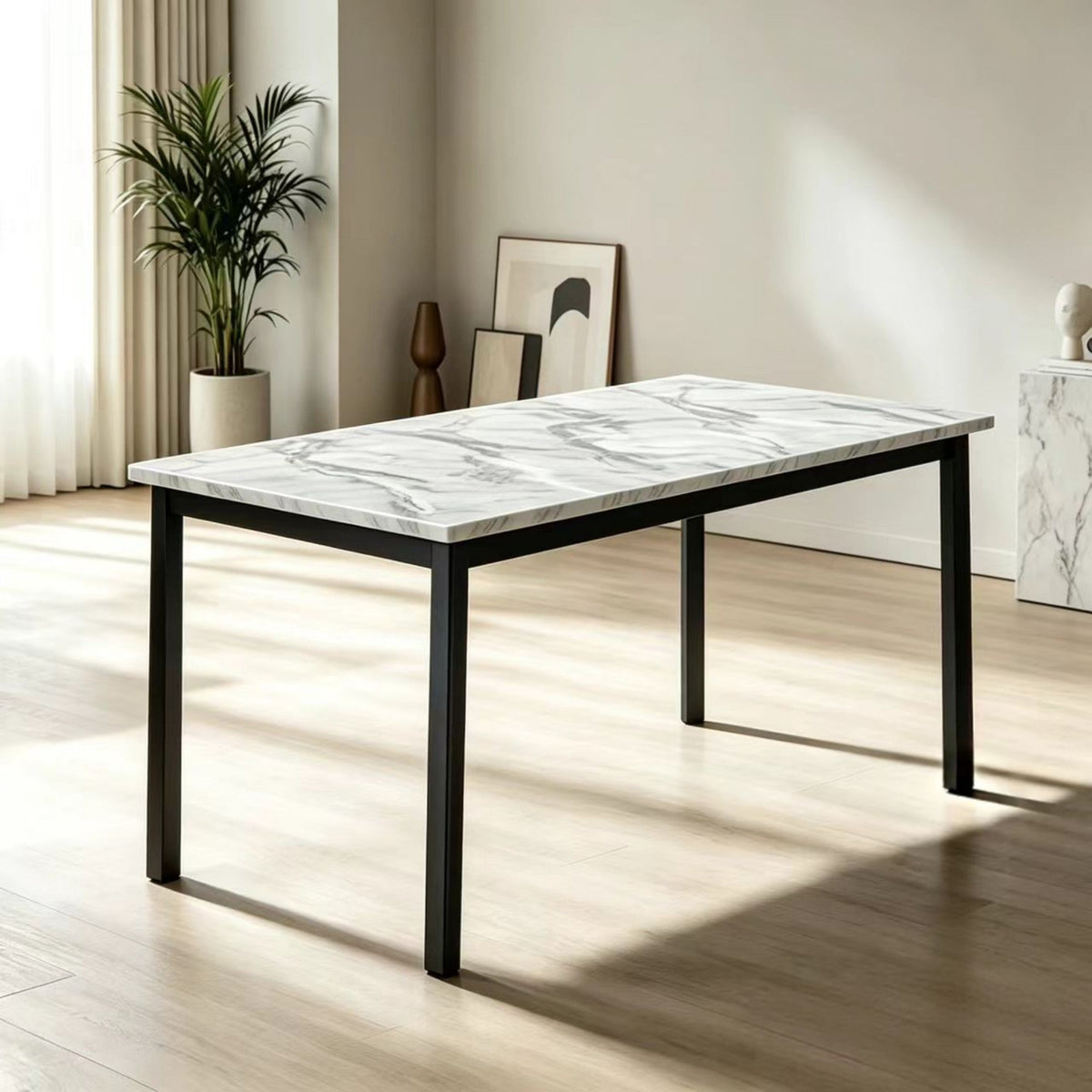 DT013-Rectangular Black Marble‑Effect Dining Table with Black Metal Legs