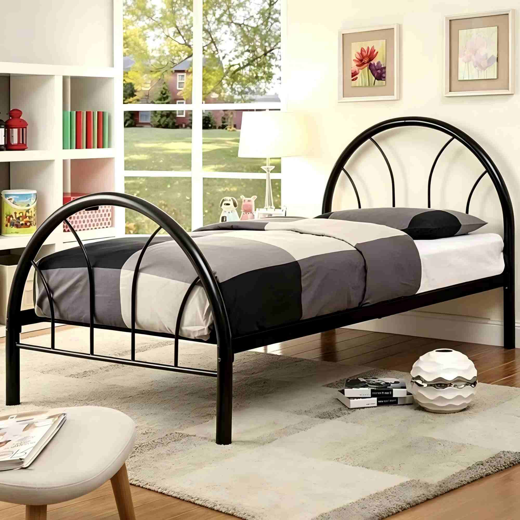BD001-odern Single Metal Platform Bed Frame, Sturdy Metal Slat Support, No Box Spring Needed