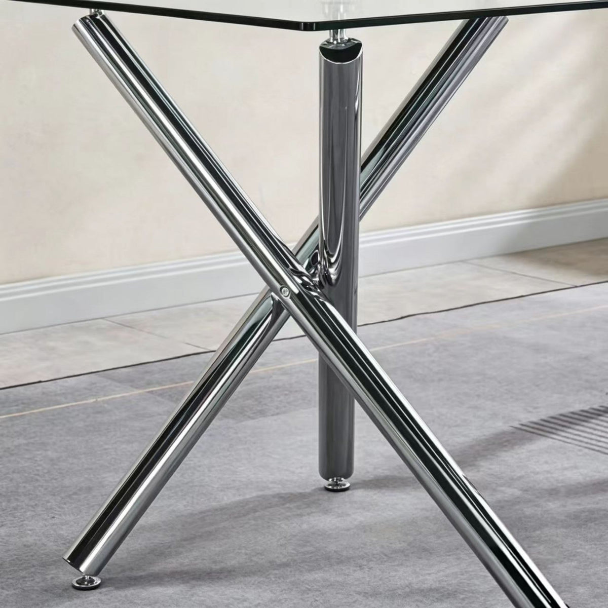 DT018-Contemporary Clear Glass Dining Table, Polished Chrome Cross Metal Base, Minimalist Dinner Table for Home