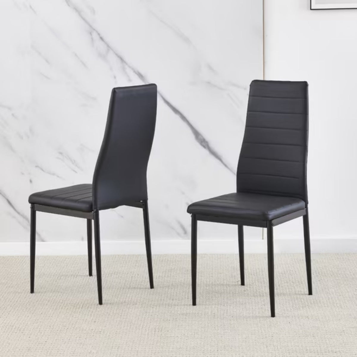 CH014-2PCS/CTN-Upholstered Striped High Back Kitchen Chair, Black Metal Leg Dining Chair