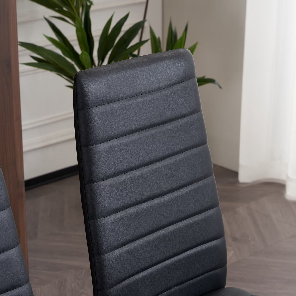 CH014-2PCS/CTN-Upholstered Striped High Back Kitchen Chair, Black Metal Leg Dining Chair