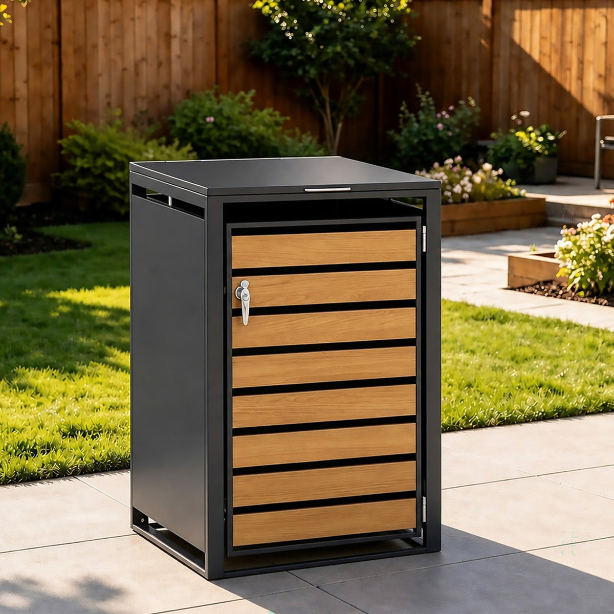 96 GALLON SINGLE-DOOR STEEL TRASH CAN ENCLOSURE  WITH  NATURE WOOD GRAIN FRONT DOOR