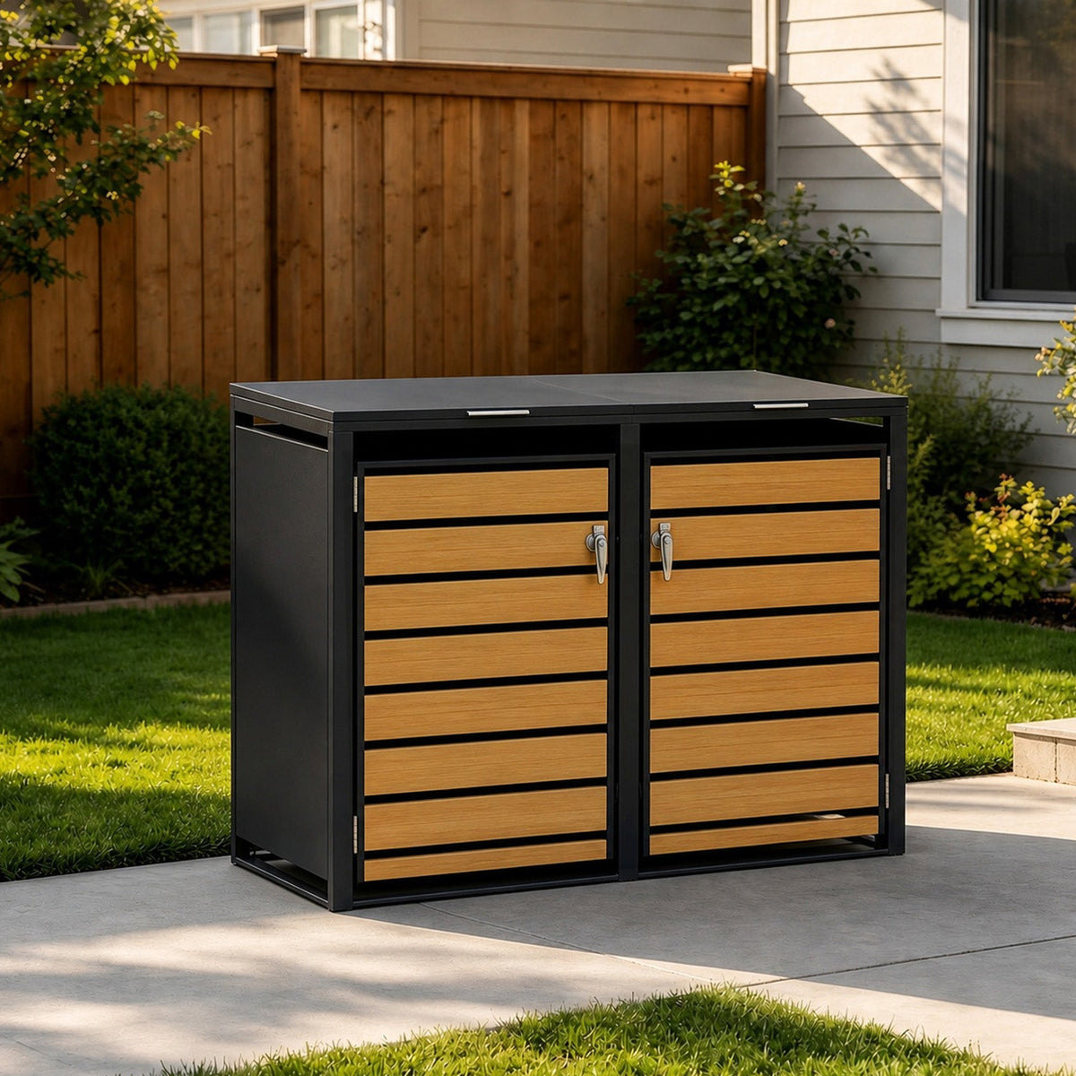 96 GALLON DOUBLE-DOOR STEEL TRASH CAN ENCLOSURE WITH  NATURE WOOD GRAIN FRONT DOOR