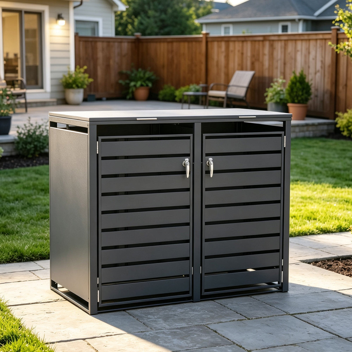 96 GALLON GREY DOUBLE-DOOR STEEL TRASH CAN ENCLOSURE