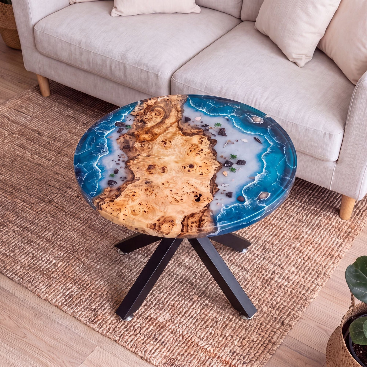 Poplar Blue Epoxy Round Coffee Table-PLSY01（Tabletop with legs）