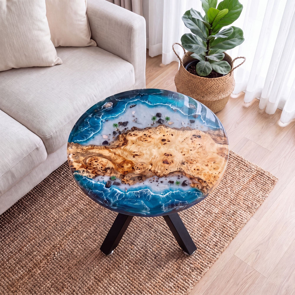 Poplar Blue Epoxy Round Coffee Table-PLSY01（Tabletop with legs）