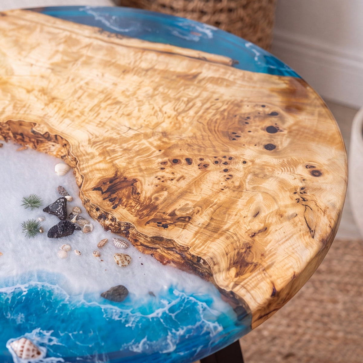 Poplar Blue Epoxy Round Coffee Table-PLSY02（Tabletop with legs）