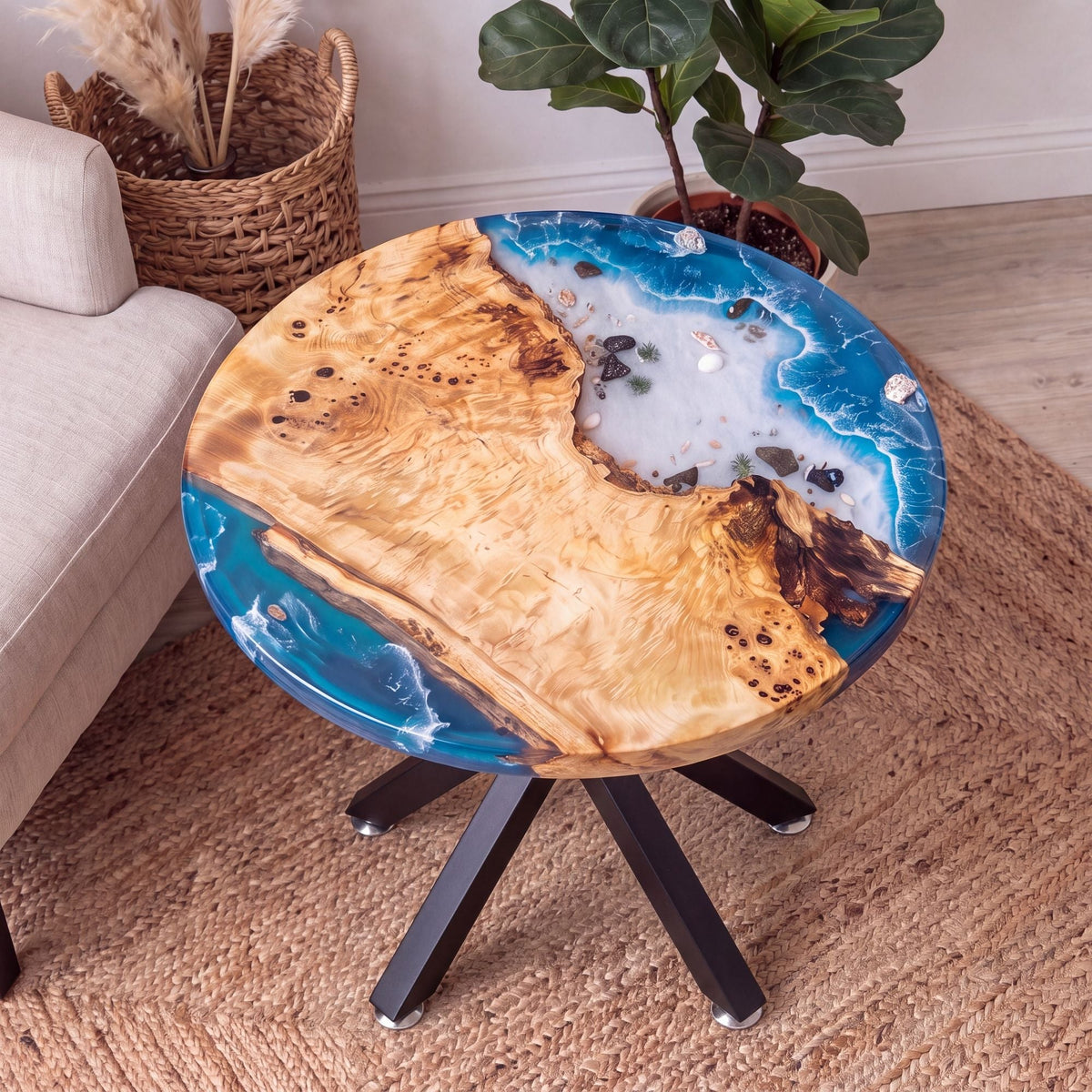 Poplar Blue Epoxy Round Coffee Table-PLSY02（Tabletop with legs）