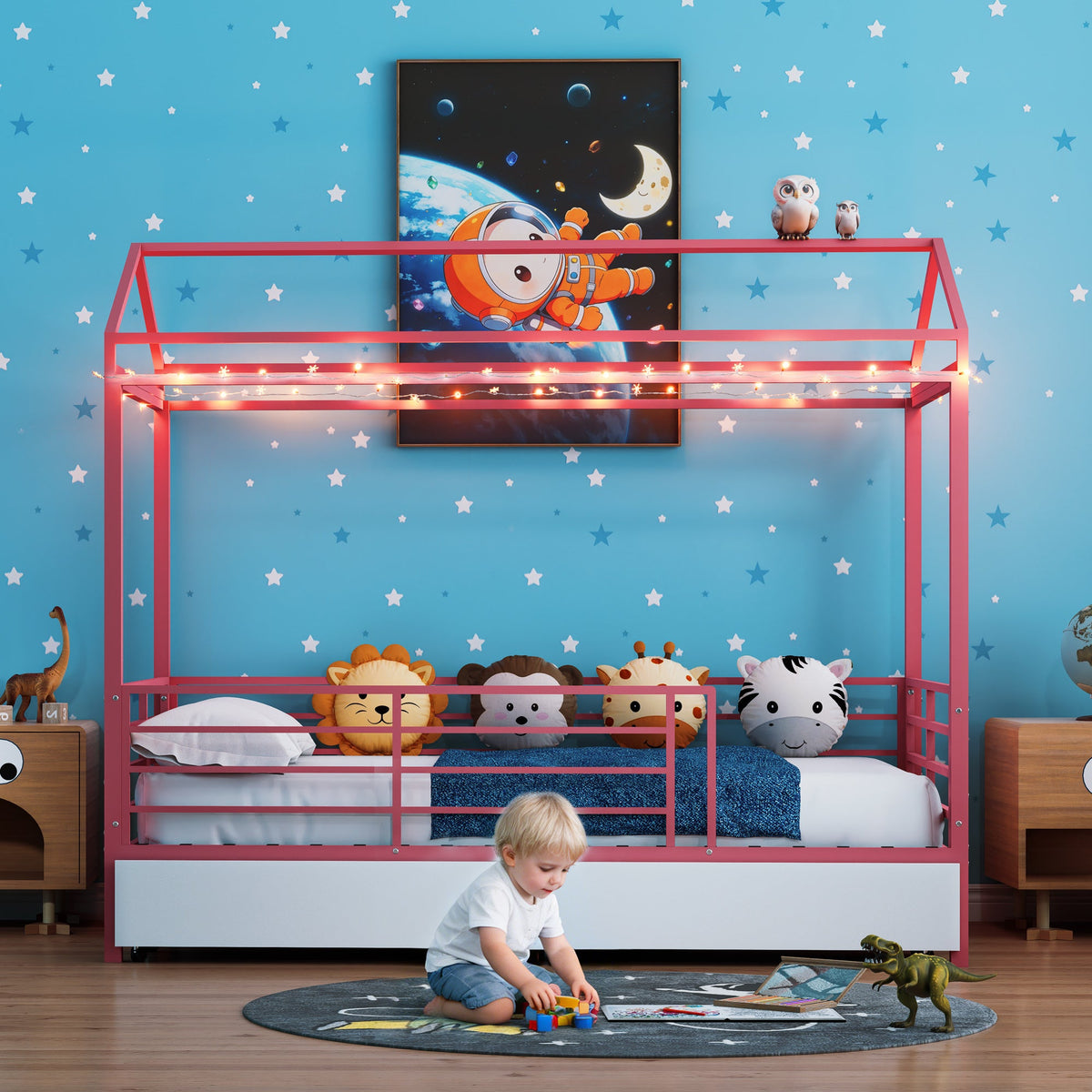 House Bed for Kids,Floor Bed for Boys Girls,Bed Frame with Roof,No Box Spring Needed Pink