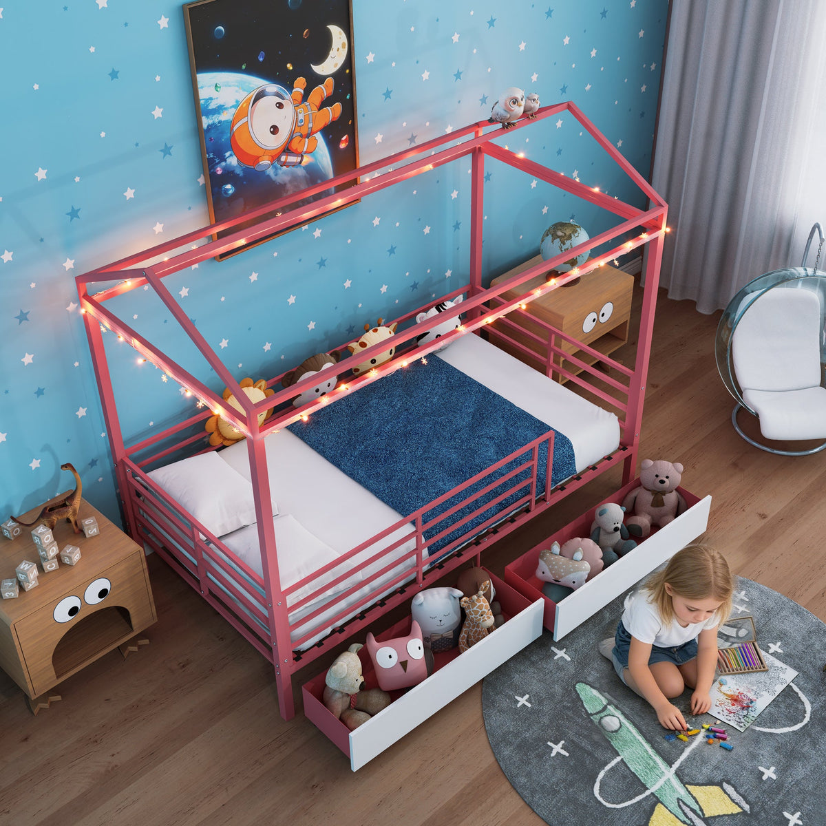 House Bed for Kids,Floor Bed for Boys Girls,Bed Frame with Roof,No Box Spring Needed Pink
