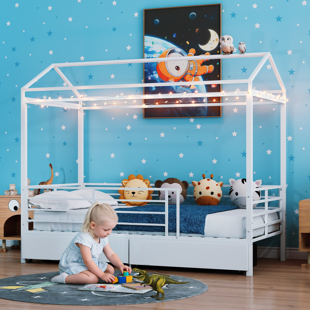 House Bed for Kids，Floor Bed for Boys Girls,Bed Frame with Roof,No Box Spring Needed White